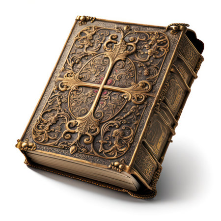 An AI generated illustration of an ornate Bible with a gold cross and flowersの素材