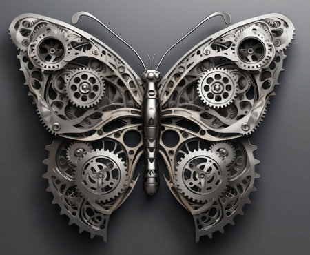 An AI generated illustration of a silver butterfly with gears and cogsの素材
