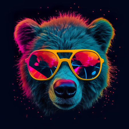 An AI generated illustration of A brown bear sporting a pair of sunglasses while looking directly into the camera with a cheerful expressionの素材