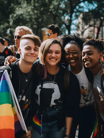 An AI generated illustration of diverse friends standing in a line holding a rainbow-colored Pride flagの素材