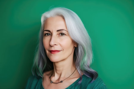 An AI-generated illustration of a beautiful mature woman against a green background.の素材