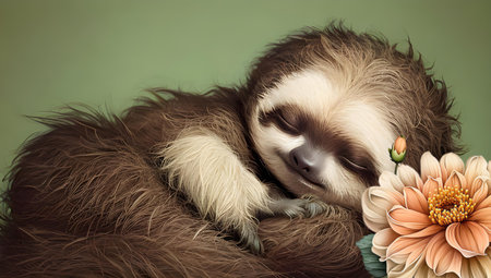 An AI generated sleeping sloth with flowers on green backgroundの素材