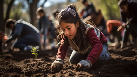 An AI-generated illustration of a young girl planting a small, young plant in the soil.の素材