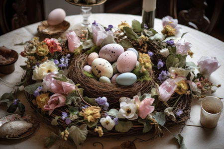 An AI-generated illustration of a table adorned with vibrant Easter eggs and blooming flowers.の素材