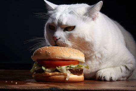 An AI generated illustration of a white cat sitting next to a hamburger photoの素材