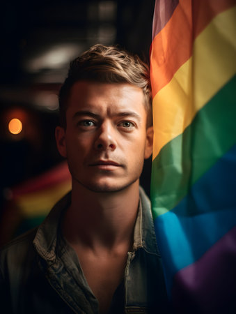 An AI generated illustration of a young man stands next to a vibrant rainbow flag,の素材