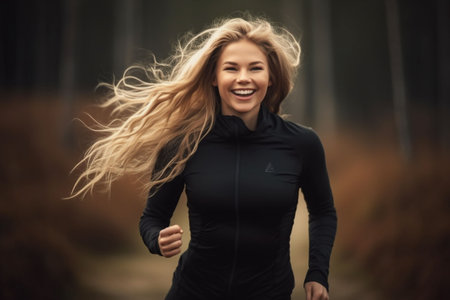 An AI-generated illustration of a young blonde woman running through the woods.の素材