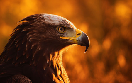 An AI generated illustration of a majestic bald eagle illuminated by the golden light of setting sunの素材