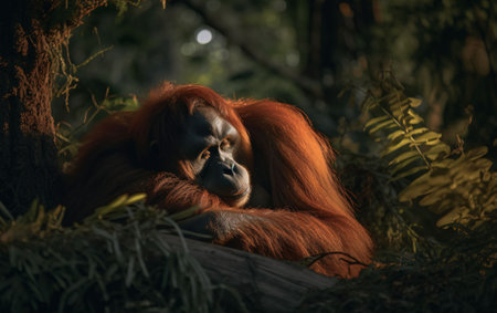 An AI generated illustration of an orangutan perched atop a lush green tree in a tropical jungleの素材