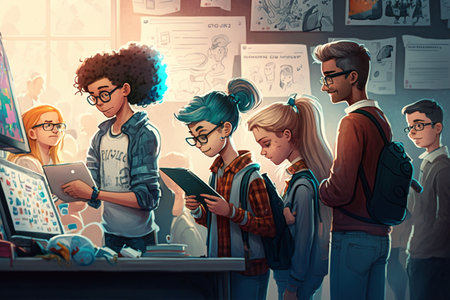 An AI generated illustration of A group of people, both adults and children, looking at artの素材