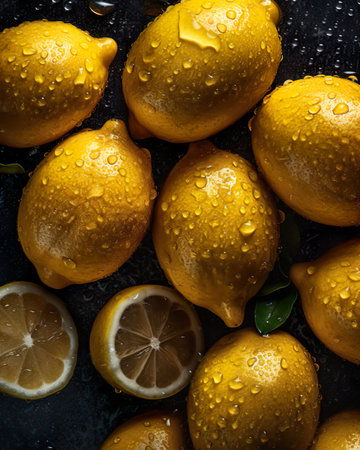 An AI generated illustration of juicy yellow lemons covered in water droplets for backgroundsの素材