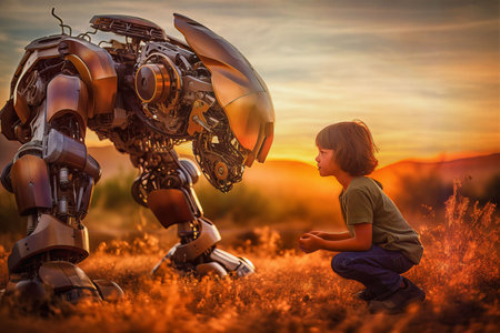 An AI generated illustration of a little boy playing in a grassy field in front of a large mechanic humanoid robotの素材