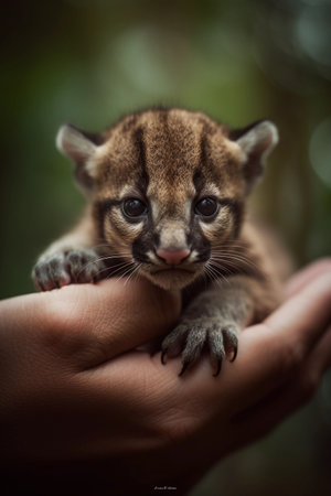 An AI generated illustration of the smallest cougar in the world in a human handの素材