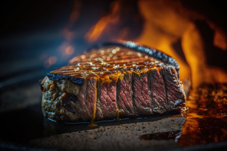 An AI generated illustration of a grilled steak sizzling in a pan over an open flame in a fireplaceの素材