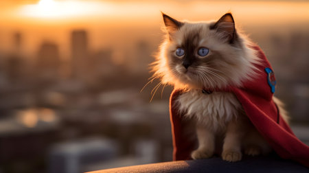 An AI-generated illustration of a superhero Birman kitten with a red cape sitting against the sunset.の素材