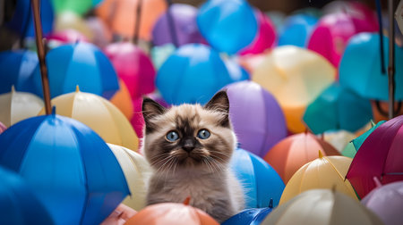 An AI-generated illustration of an adorable Birman kitten surrounded by colorful small umbrellas.の素材