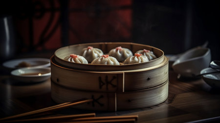 An AI generated illustration of delicious Xiaolongbao on a tray on the tableの素材