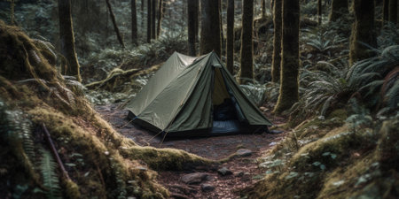 An AI generated illustration of a green camping tent set up on a dirt trail surrounded by trees in a wooded areaの素材
