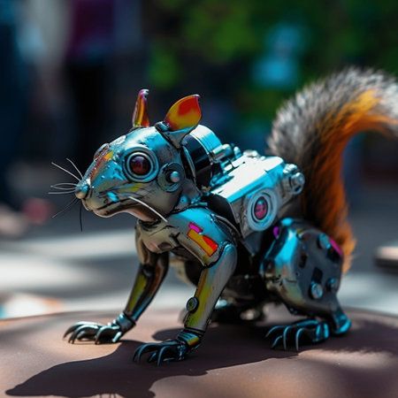 An AI generated illustration of a robotic squirrel on a blurred backgroundの素材