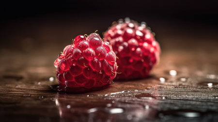 An AI generated illustration of Two ripe red raspberries on a wooden surface, isolated on a white backgroundの素材