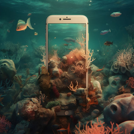 An AI generated illustration of a smartphone with coral and marine life on the smartphoneの素材