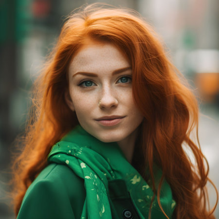 An AI generated illustration of a beautiful smiling redhead woman in a vibrant green jacketの素材
