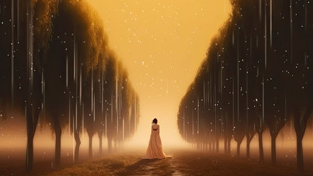 An AI generated illustration of a young woman in a long dress walking away to a wooded area under pouring rainの素材