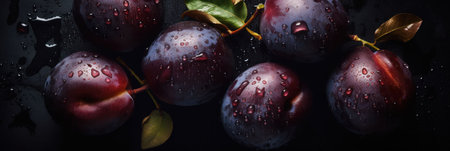 An AI generated illustration of plums with water dropletsの素材
