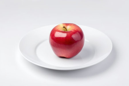 An AI generated illustration of a ripe red apple on a white plateの素材