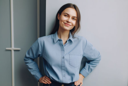 An AI-generated illustration of a young, cheerful, and confident woman with her arms on her hips.の素材