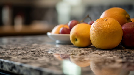 An AI generated illustration of a granite countertop with  different fruits with a blurry backgroundの素材