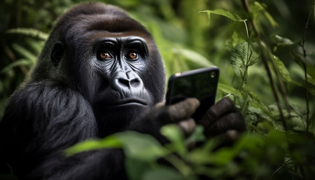 An AI generated illustration of a close-up image of a mountain gorilla looking intently at a mobile phone in its handsの素材