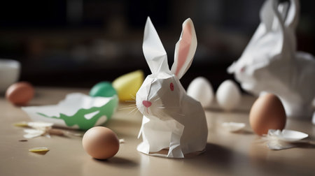 An AI-generated illustration of a small white origami rabbit next to an eggの素材
