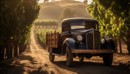 An AI generated illustration of an aged pickup truck traveling along a rural country dirt road, surrounded by tall green treesの素材