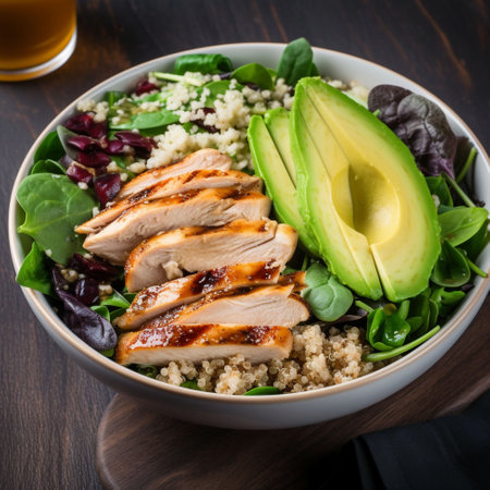 An AI generated illustration of a white ceramic bowl filled with a healthy dish of diced chicken, quinoa, bean and vegetablesの素材