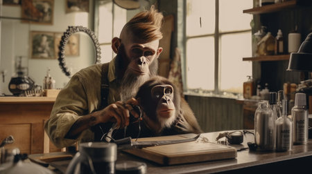 An AI generated illustration of a monkey barber cutting the hair of a monkeyの素材