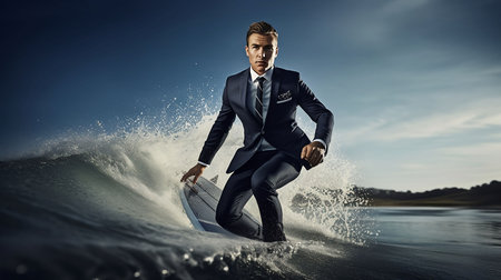 An AI generated illustration of a man in a stylish suit riding the wave on a surfboardの素材