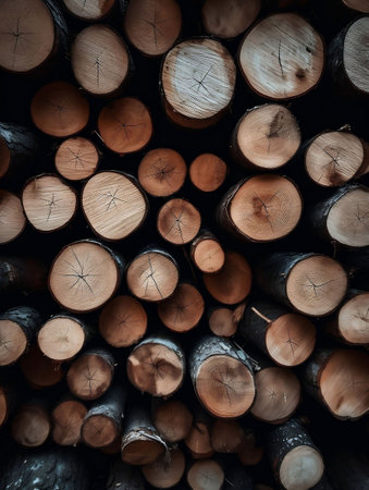 An AI generated illustration of an organized pile of wooden logs in a dark settingの素材