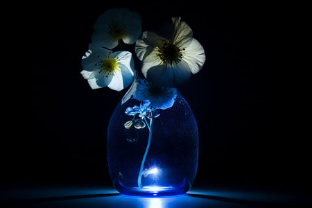 An AI generated illustration of a blue vase with white flowers illuminated in a dark settingの素材