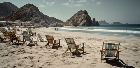 An AI generated illustration of a tranquil beachside with several wooden chairs facing the seaの素材