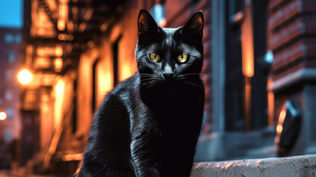 An AI generated illustration of a beautiful sleek black cat in the streetsの素材