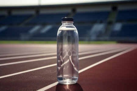 An AI-generated illustration of a clear plastic water bottle on an empty running track.の素材