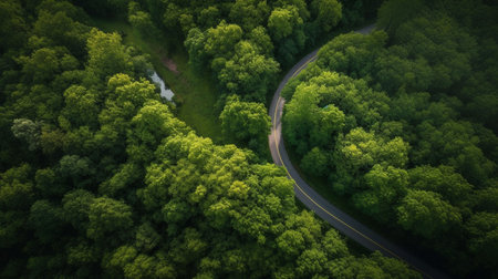 An AI generated illustration of a scenic winding road situated in the historic forest, with lush greenery and tall trees on either sideの素材
