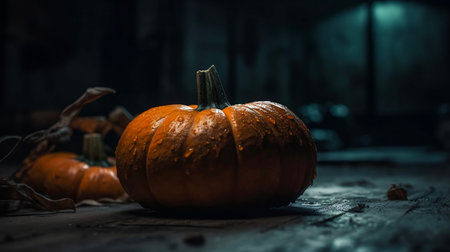 An AI generated illustration of a ripe pumpkin illuminated in the darknessの素材
