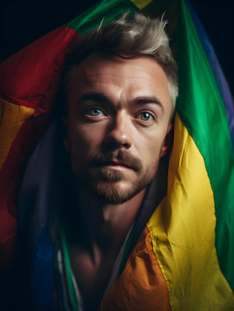 An AI generated illustration of A young man with a rainbow flag draped over his shouldersの素材