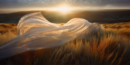 An AI generated illustration of An enchanting portrayal of the sun and wind dancing together, illustrating the beauty of nature's forcesの素材