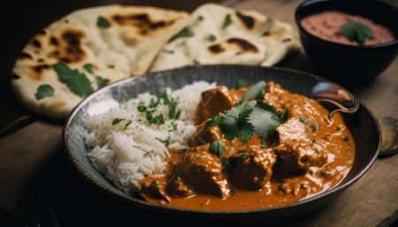 An AI generated illustration of an appetizing bowl of steaming rice, chunks of succulent meat, and a flavorful sauce giving the dish a touch of spiceの素材