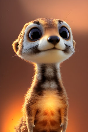 An AI generated illustration of a fluffy meerkat with bright, inquisitive eyes on blurred backgroundの素材