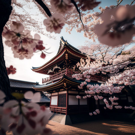An AI generated illustration of A stunning Asian-style building surrounded by cherry blossomsの素材