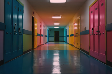 An AI generated illustration of a picture of a school hallway with bright and vibrant colors on the wallsの素材